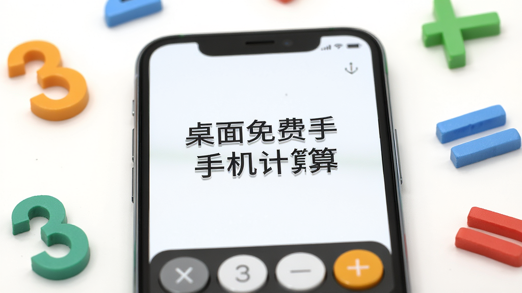 一部智能手机特写,屏幕显示“桌面免费手机计算器”的极简界面,背景为纯白色,手机周围散落着几个数字和运算符号的立体图标,风格清新简约,画质细腻,干净无杂乱元素。