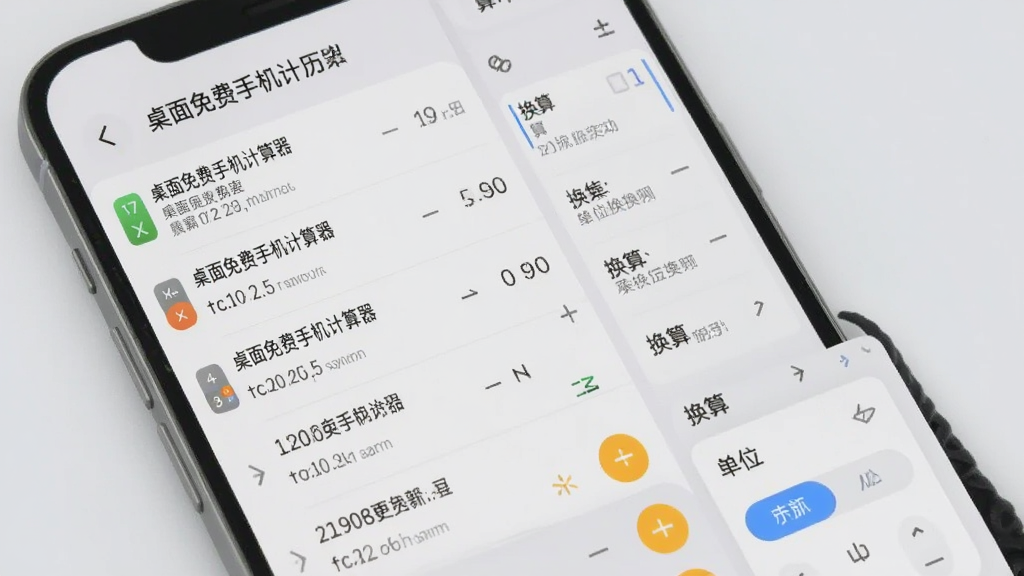 一部手机展示“桌面免费手机计算器”的历史记录列表与单位换算面板,屏幕左侧是计算历史条目,右侧是换算选项,背景为浅灰色,界面排版整齐,视觉风格柔和,画质清晰。