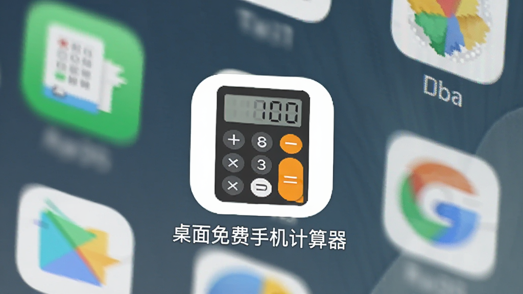手机桌面截图,展示“桌面免费手机计算器”的快捷方式图标,图标设计简洁,旁边有其他常用应用图标,背景为手机壁纸,整体画面干净,突出计算器图标,画质高清。