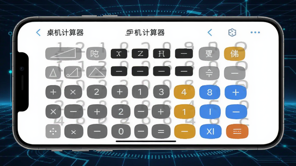 手机横屏展示“桌面免费手机计算器”的科学计算界面,屏幕上布满三角函数、对数等高级运算按钮,背景是带有科技感的蓝色网格线条,数字清晰可见,画面风格专业且整洁。