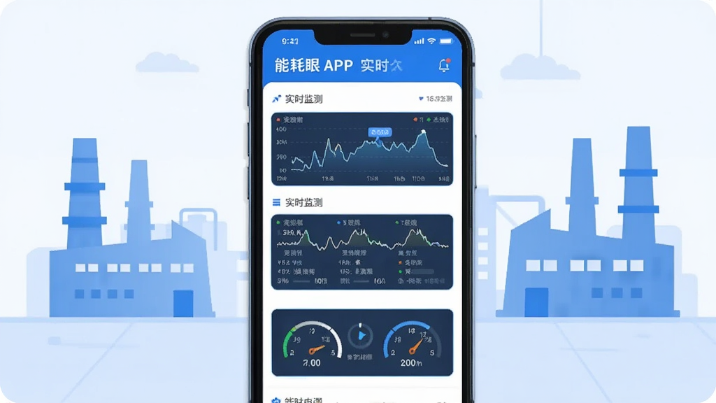 一张展现能耗眼APP实时监测功能的界面截图,画面中手机屏幕显示着多条实时数据曲线和数字仪表盘,背景是简洁的工业厂房轮廓,风格为现代科技感扁平插画,色彩以蓝白为主,画质清晰干净,无多余元素
