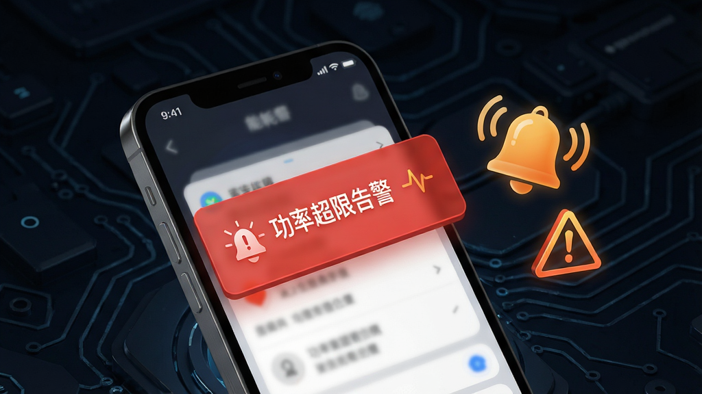 一幅展示能耗眼APP告警推送功能的插图,画面中手机屏幕弹出一条红色告警通知,通知内容显示“功率超限告警”,手机旁边有一个铃铛图标和警示符号,背景为深色科技风格,细节丰富,画质干净,无多余元素