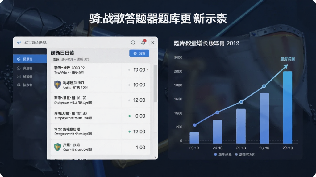 一张展示骑士战歌答题器题库更新功能的示意图,主体为软件更新日志界面和题库数量增长图表,布局为左右分栏,排版清晰,风格为现代商务风格,细节包括更新日期、新增题目数量和版本号标识,画质高清,干净,无多余元素