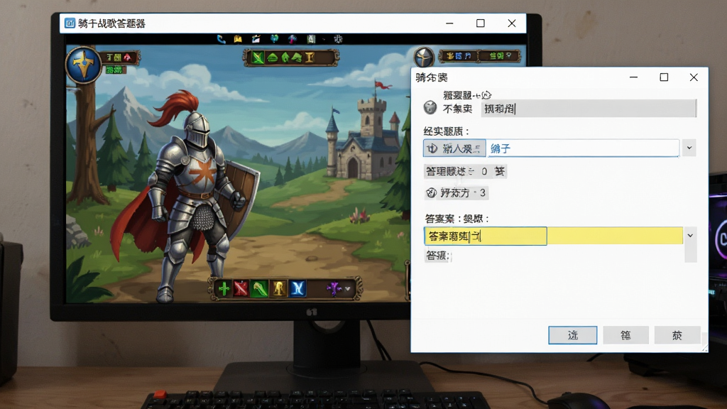 一张展示骑士战歌答题器在电脑端运行时的桌面截图,主体为游戏画面和答题器窗口并排显示,布局为左右分屏,排版自然,风格为真实使用场景风格,细节包括置顶窗口标识、题目输入框和答案高亮,画质高清,干净,无多余元素