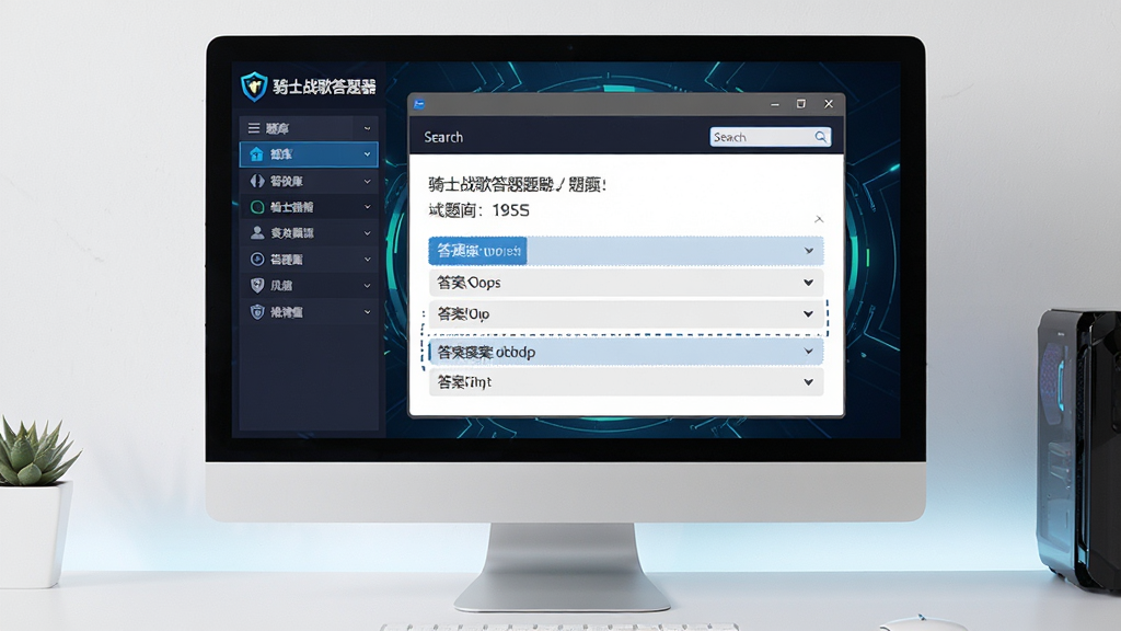 一张展示骑士战歌答题器软件界面的全景图,主体为电脑屏幕中打开答题器主窗口,窗口内显示题目和答案选项,布局居中,排版清晰,风格为科技感游戏辅助工具风格,细节包括软件logo、题库列表、搜索框和答案高亮显示,画质高清,干净,无多余元素