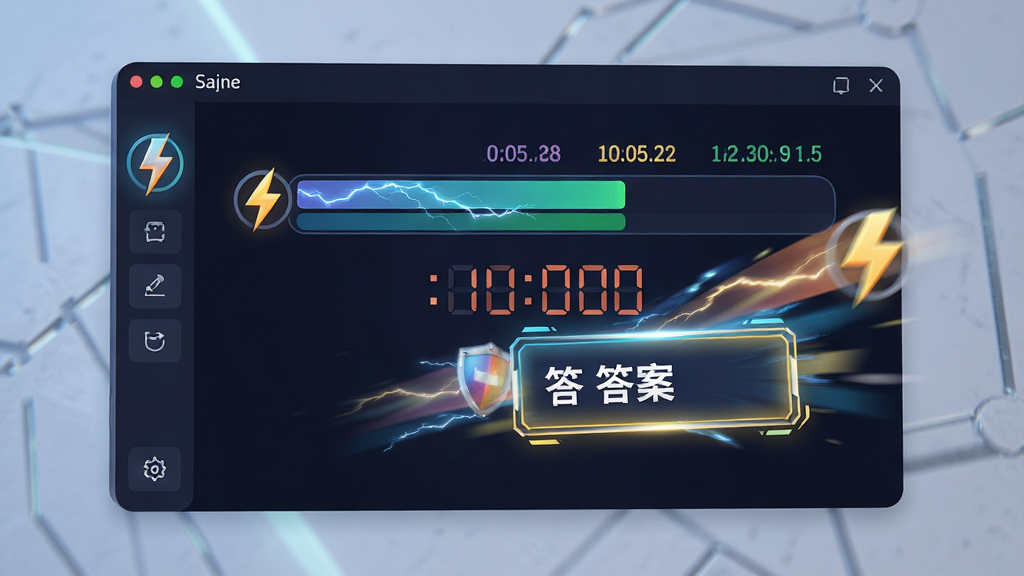 一张展示骑士战歌答题器极速响应特性的概念图,主体为软件界面中倒计时条和答案瞬间弹出的动态效果,布局为居中构图,排版突出速度感,风格为动感科技风格,细节包括闪电图标、响应时间数值和答案高亮框,画质高清,干净,无多余元素