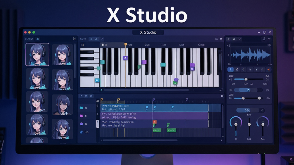 一张展示X Studio软件界面的全景图,主体为电脑屏幕中打开的虚拟歌手调教软件,布局中央是钢琴卷帘窗与歌词轨道,左侧为虚拟歌手头像列表,右侧为参数调节面板,排版采用横向宽屏构图,风格为现代科技感与音乐创作氛围结合,细节包含音符块、波形图、歌手立绘缩略图,画面中屏幕上方显示文字