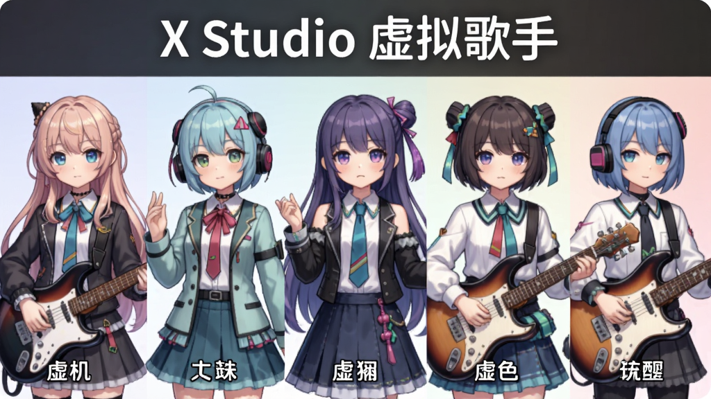 一张X Studio虚拟歌手音源展示图,主体为五位不同风格的虚拟歌手立绘并排站立,布局为横向排列,每位歌手下方标注音色名称,排版清晰整齐,风格为二次元动漫立绘,细节包含不同发色、服装、表情与乐器元素,画面顶部显示文字