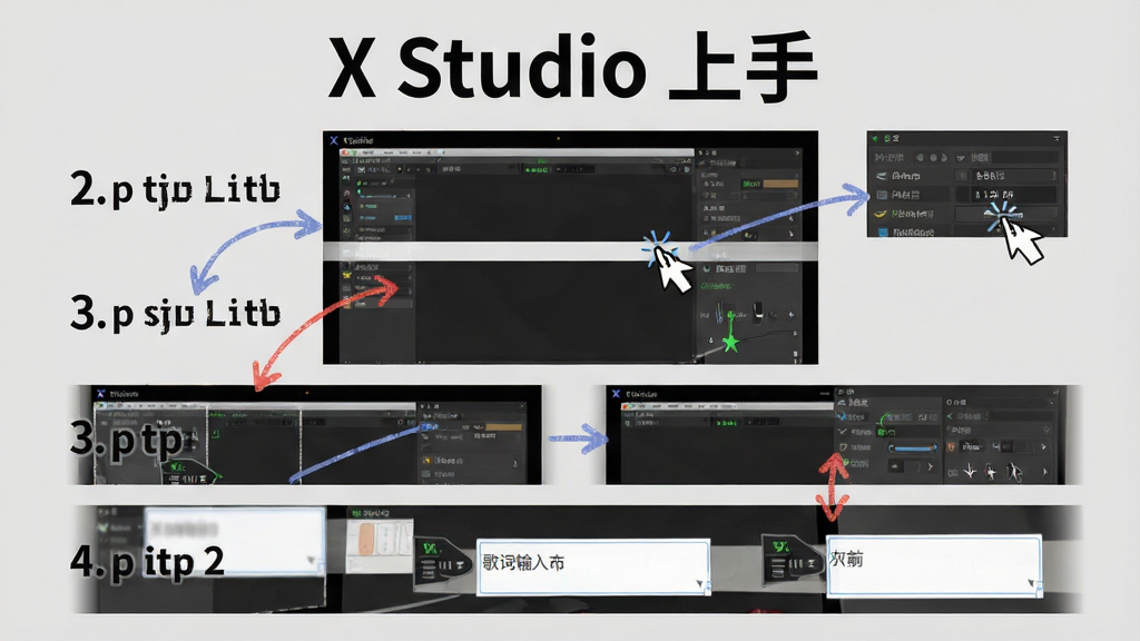 一张X Studio新手操作引导图,主体为电脑屏幕中软件界面与操作步骤标注,布局为分步截图排列,排版为从上到下四个步骤,风格为教程示意图,细节包含鼠标点击位置、参数面板放大、歌词输入框,画面中显示文字