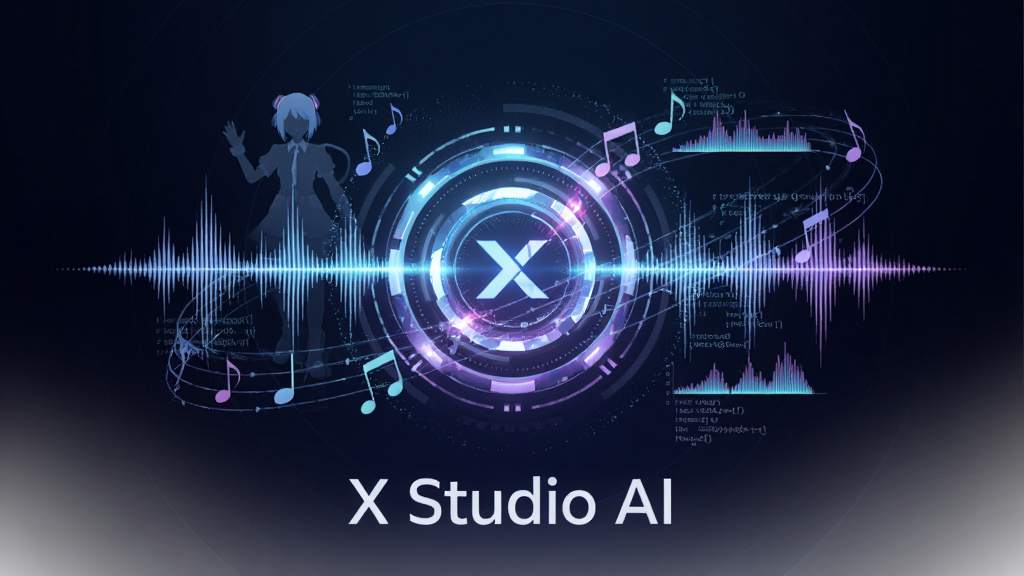 一张X Studio的AI歌声合成引擎概念图,主体为发光的AI核心与声波融合的视觉形象,布局中心为圆形能量核心,周围环绕音符与数据流,排版采用居中对称构图,风格为科幻音乐风,细节包含虚拟歌手剪影、频谱线条、代码粒子,画面中核心下方显示文字