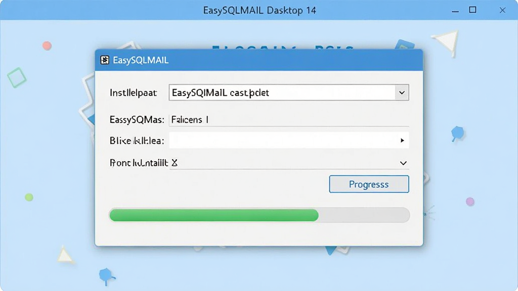 EasySQLMAIL桌面版软件安装向导界面,画面中显示安装路径选择窗口和进度条,背景是浅蓝色,风格简洁明快,画质清晰,无多余元素
