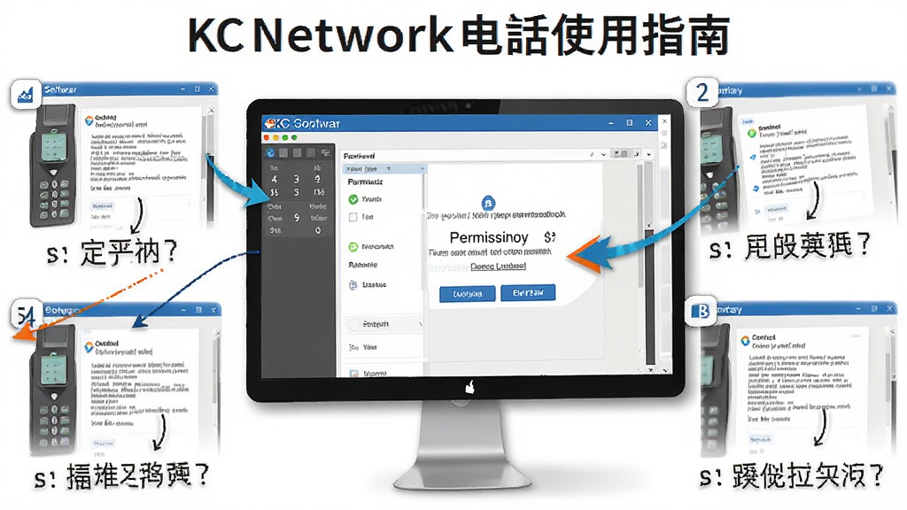 一张KC网络电话使用指南的插图,主体为电脑屏幕显示软件设置界面和权限提示,布局为分步截图风格,排版清晰,风格为教程类,细节包括箭头标注和文字说明,画质高清,干净,无多余元素