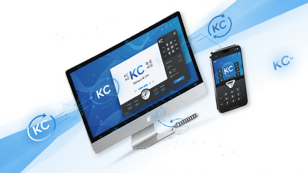 一张KC网络电话多平台兼容的示意图,主体为电脑和手机同时显示KC网络电话界面,布局对角线排列,排版动态,风格为科技蓝调,细节包括同步图标和连接线,画质高清,干净,无多余元素
