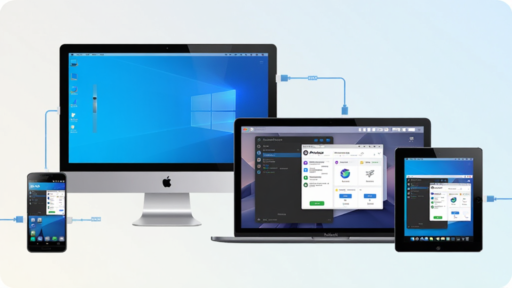AnyDesk跨平台兼容展示,画面中有Windows电脑、MacBook、安卓手机、平板电脑同时显示AnyDesk界面,设备之间用连接线相连,背景是浅色渐变,风格简洁明快,画质高清,干净无多余元素