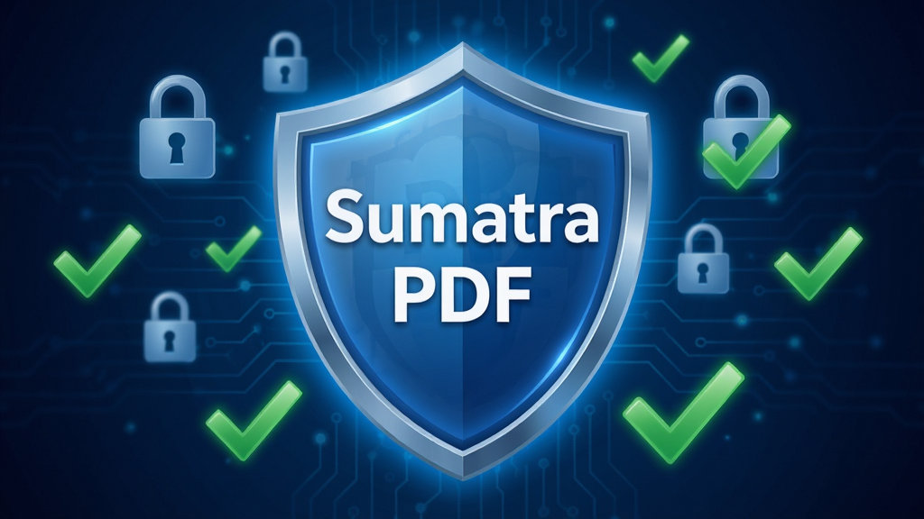 一张以Sumatra PDF安全隐私保护为主题的盾牌概念图,画面中央是一个发光的蓝色盾牌,盾牌表面印有
