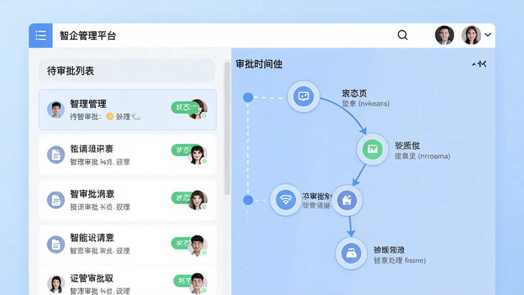 画面主体为智企管理平台的审批流程界面截图风格插画,左侧显示待审批列表,右侧展开一条完整的审批时间轴,节点用圆形图标标注,背景为浅蓝色渐变,风格简洁商务,细节上体现状态标签与处理人头像,画质清晰,干净无多余元素