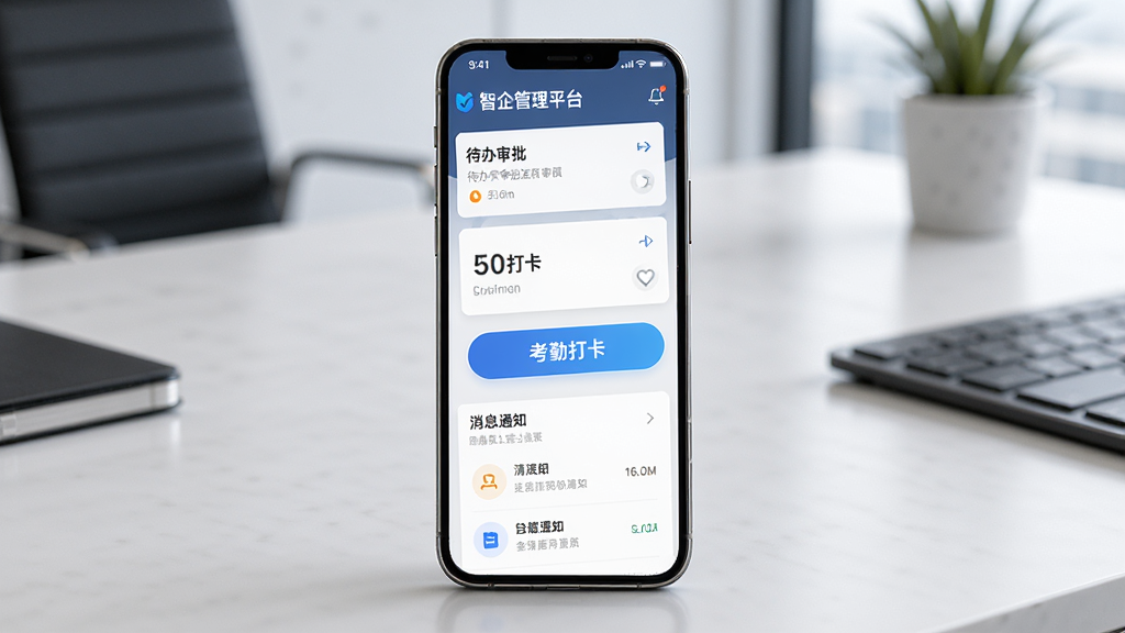 画面中央展示一部智能手机,屏幕内呈现智企管理平台的移动端主界面,包含待办审批卡片、考勤打卡按钮与消息通知列表,背景为简洁的现代办公室桌面,风格偏商务科技感,细节上突出界面UI的层级与图标,画质清晰锐利,干净无多余元素