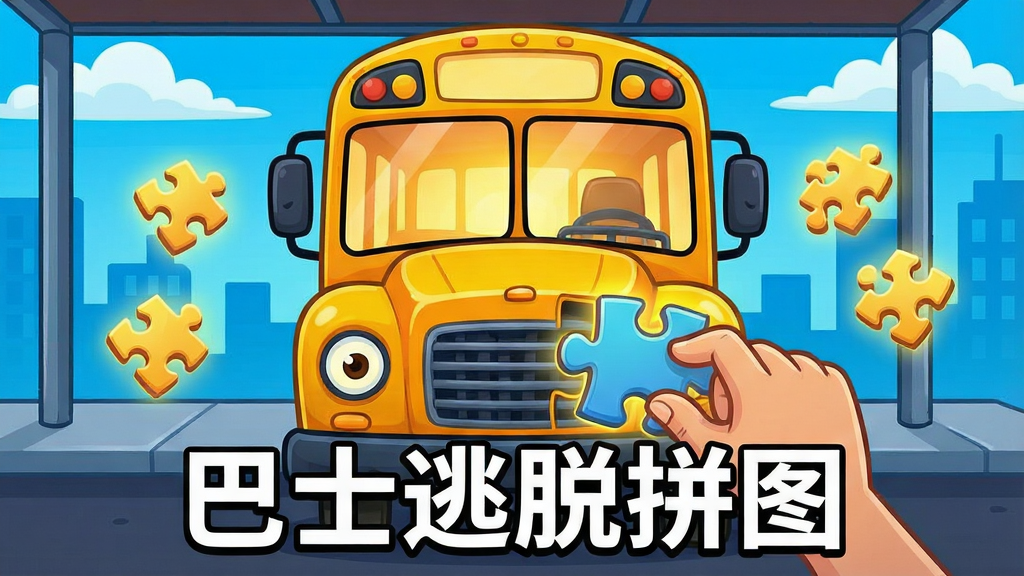 画面中央是一辆黄色的卡通巴士停在站台上,巴士车窗内透出暖光,周围散落着几块发光的拼图碎片,前景有一只手正拿起一块拼图准备放入缺口,背景是简洁的蓝天白云与城市剪影,整体采用明快的美式卡通风格,色彩饱和度高,细节清晰,画质干净,无多余元素,图片下方居中位置用白色粗体字写着“巴士逃脱拼图”