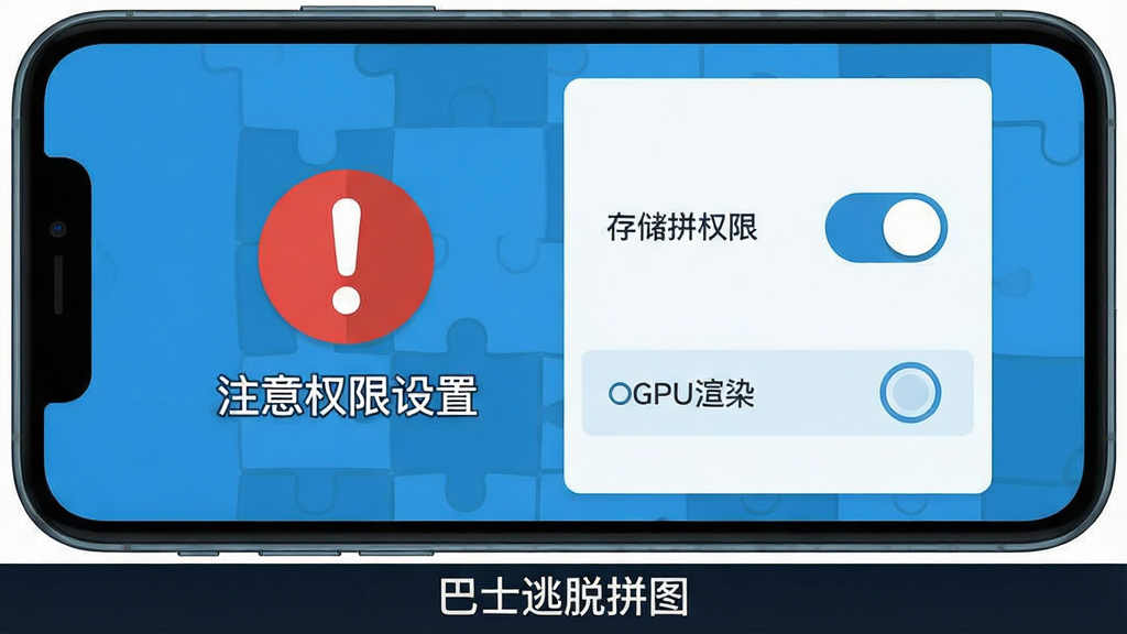 一部智能手机屏幕显示巴士逃脱拼图游戏界面,画面中有一个红色感叹号图标和文字“注意权限设置”,旁边有存储权限开关和GPU渲染选项的示意,整体为扁平化科技风格,蓝白配色,简洁清晰,画质干净,无多余元素,图片底部用深色小字标注“巴士逃脱拼图”