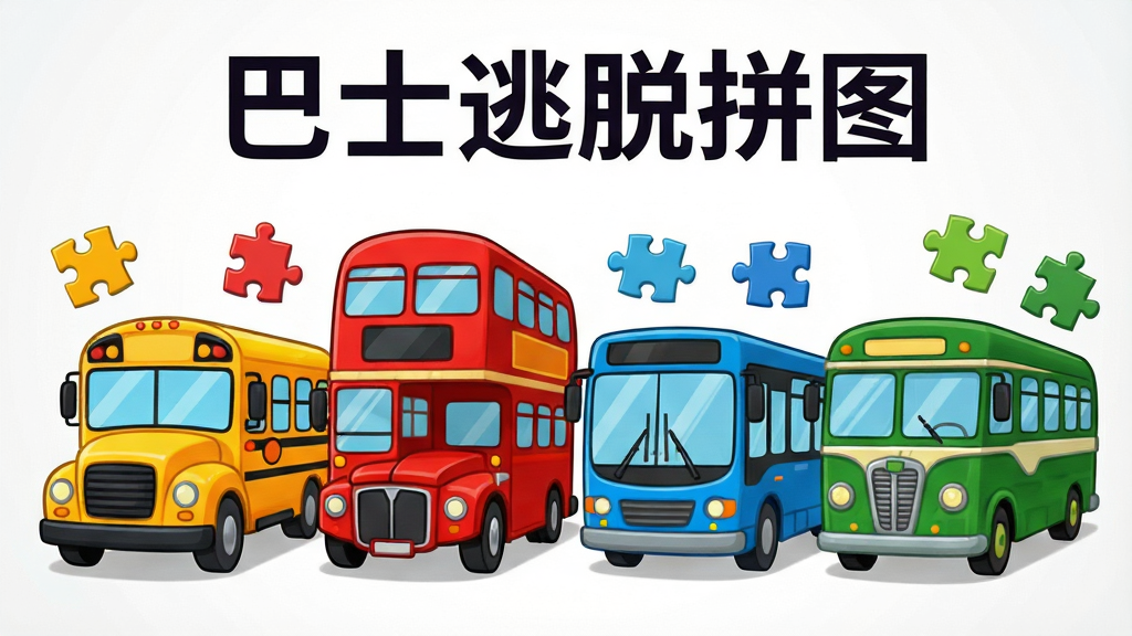 四辆不同风格的卡通巴士并排停放,分别是黄色校车、红色双层巴士、蓝色城市公交和绿色复古长途车,每辆车旁边都有对应的拼图碎片飘浮,背景是简洁的白色渐变,风格为清新卡通,色彩明快,细节清晰,画质干净,无多余元素,图片顶部用深色字体写着“巴士逃脱拼图”