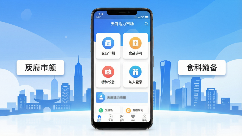 天府活力市场APP主界面截图,画面中央展示一部安卓手机屏幕,屏幕内呈现天府活力市场应用首页,包含企业年报、食品许可、特种设备、法人登录等图标入口,背景为四川成都高新区城市剪影与政务蓝白配色,布局为居中手机产品图加左右功能标签说明,排版简洁清晰,风格为现代扁平化科技政务风,细节包含顶部状态栏、底部导航栏、图标阴影、渐变背景,画质为4K高清,干净明亮,无多余元素