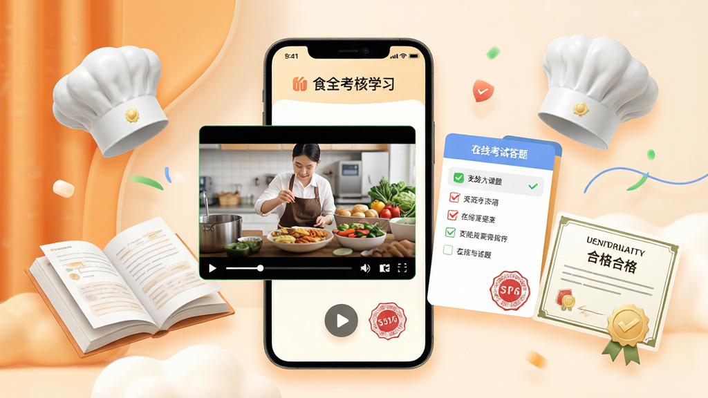 天府活力市场APP食安考核学习界面,画面主体为手机屏幕显示食品安全视频课程播放器与在线考试答题卡,背景为温暖橙白色调,布局为手机加书本、厨师帽、合格证书等漂浮元素,排版突出学习进度与考试分数,风格为教育学习清新风,细节包含播放按钮、答题勾选、电子印章,画质高清,干净明亮,无多余元素
