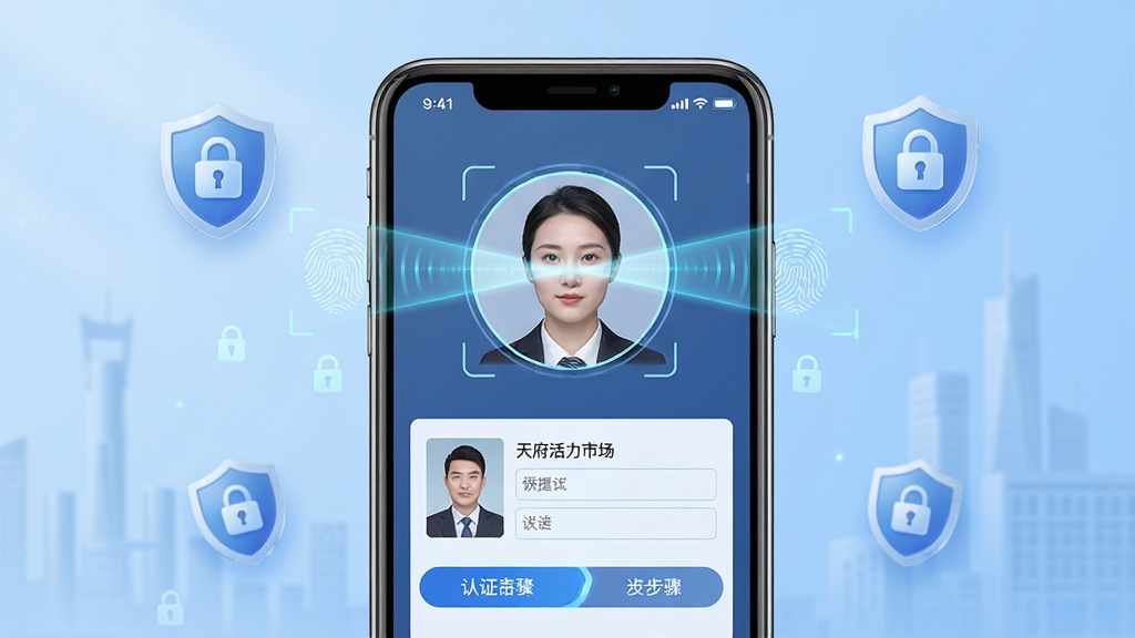 天府活力市场APP法人人脸识别认证界面,画面主体为手机屏幕特写,屏幕中显示人脸识别圆形取景框与身份证信息填写区域,背景为浅蓝色渐变政务风格,布局为手机居中、四周漂浮盾牌与锁形安全图标,排版突出认证流程步骤条,风格为安全科技感,细节包含光线扫描线、指纹纹理、加密符号,画质高清,干净无杂乱元素