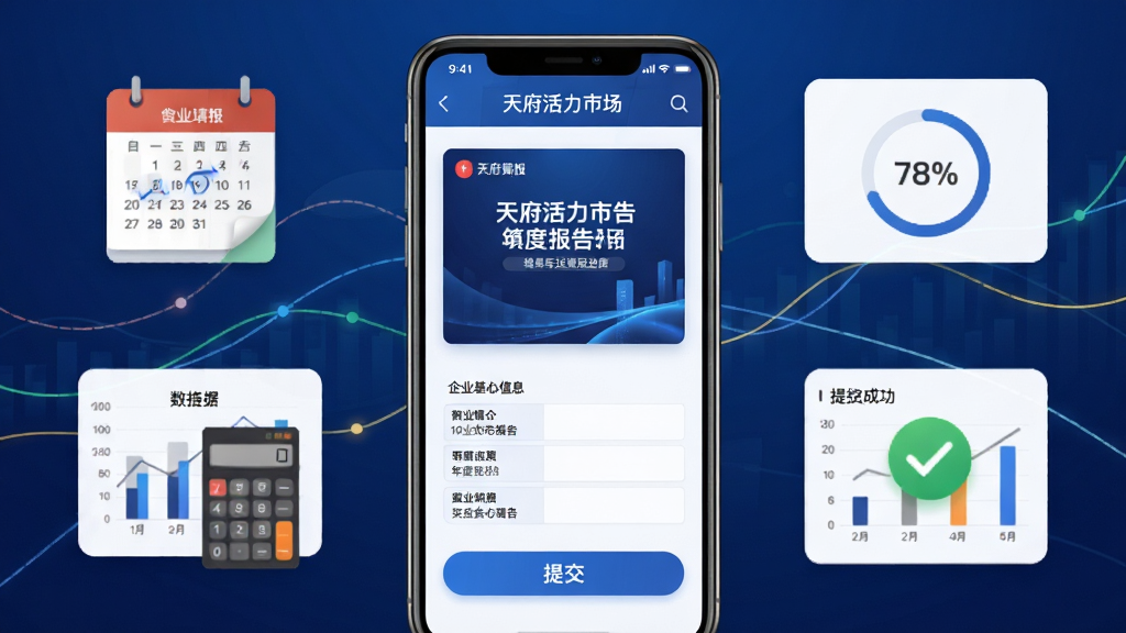 天府活力市场APP企业年报填报页面,画面展示手机屏幕中企业基本信息表格与提交按钮,背景为商务深蓝渐变,布局为手机居中加数据线条装饰,排版突出年度报告封面与填写进度百分比,风格为商务办公稳重风,细节包含日历、计算器、数据图表、提交成功对勾,画质高清,干净利落,无多余元素