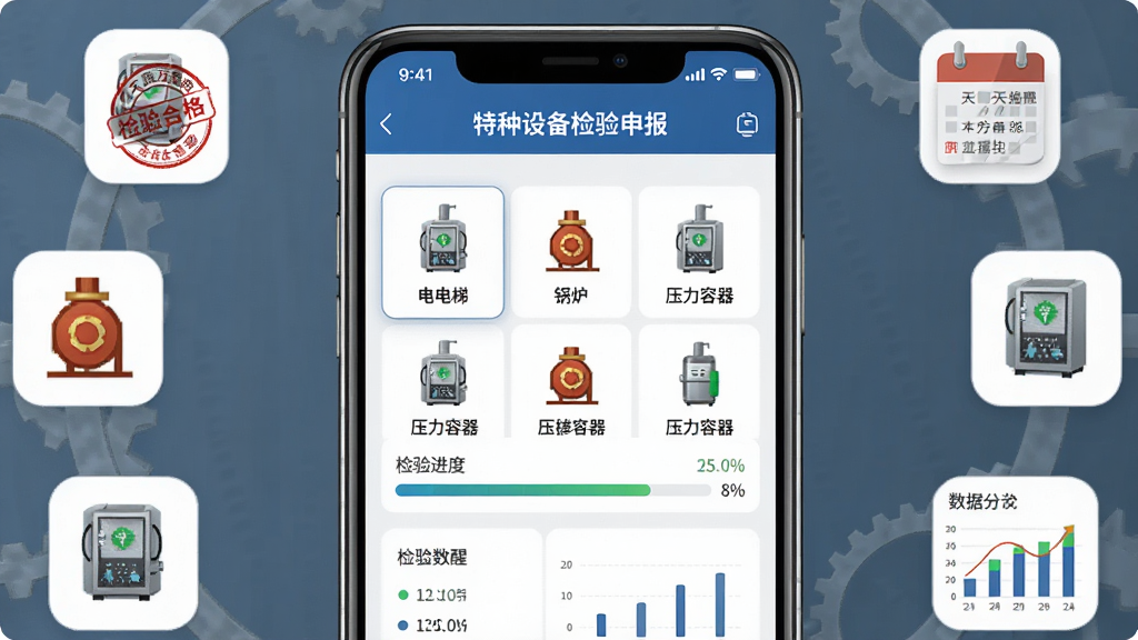 天府活力市场APP特种设备检验申报页面,画面展示手机屏幕内电梯、锅炉、压力容器等设备图标列表与检验进度条,背景为工业蓝灰配色,布局为手机加设备图标环绕,排版清晰展示申报步骤与状态标签,风格为工业政务实用风,细节包含检验合格印章、日历提醒、数据图表,画质高清,干净整洁,无多余元素
