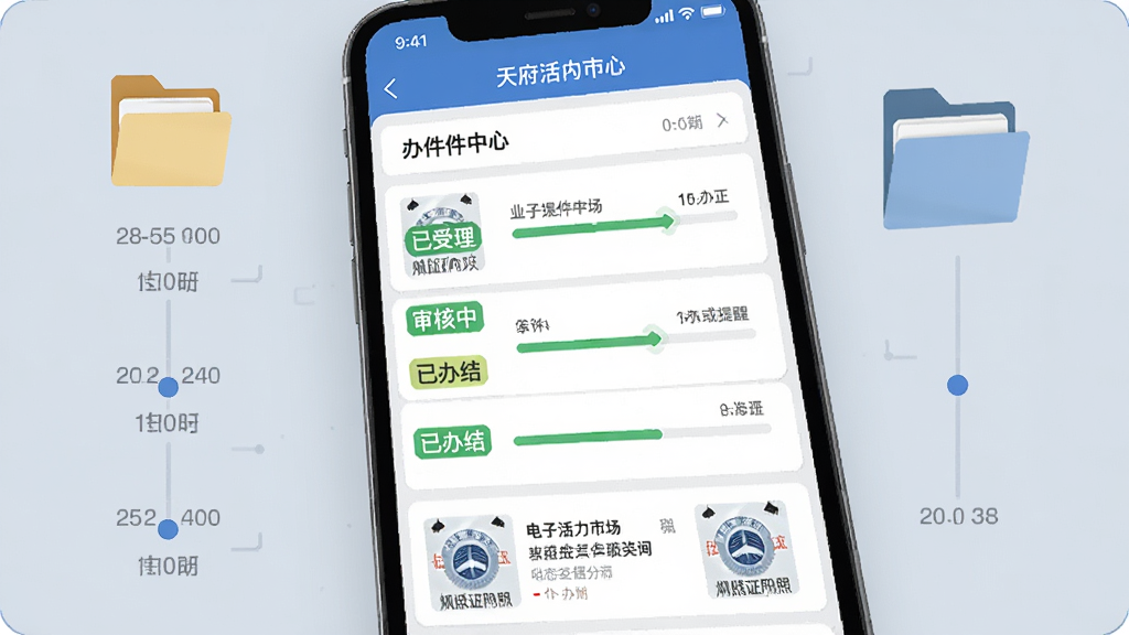 天府活力市场APP业务办理进度查询界面,画面主体为手机屏幕显示办件中心列表与状态进度条,背景为浅灰蓝政务色,布局为手机加时间轴与文件夹图标,排版突出已受理、审核中、已办结等状态标签,风格为简洁政务信息风,细节包含时间戳、补正提醒、电子证照缩略图,画质高清,干净无杂乱元素