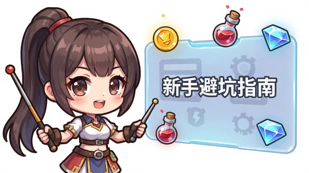 次元战纪新手引导界面插画,画面展示一位Q版二次元女性角色手持指示棒,站在一块半透明的操作面板前,面板上显示着“新手避坑指南”字样,周围漂浮着金币、经验药水和钻石图标。布局为角色在左,面板在右。风格为卡通教学风格,细节包括角色表情、面板的文字清晰可见。画质干净,无多余元素。
