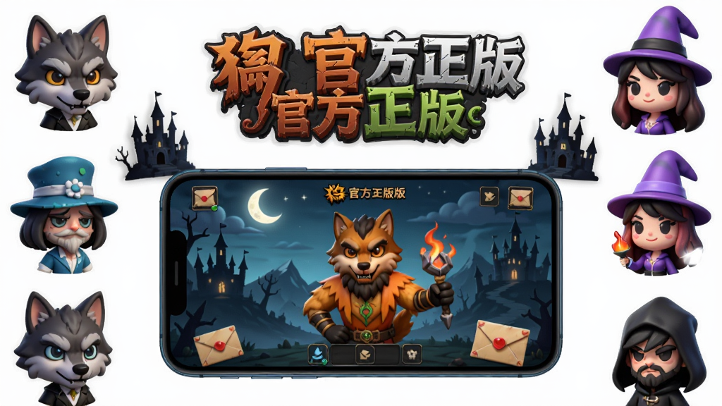 主体为一部智能手机屏幕显示狼人杀-官方正版游戏界面,布局采用居中构图,手机周围环绕着狼人、预言家、女巫等Q版暗黑风格角色头像,排版上方留白放置艺术字标题,风格为3D卡通渲染,细节包括月亮、古堡剪影、投票信封等元素,画质高清,画面干净,无多余元素