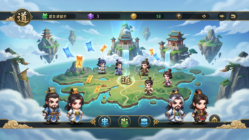 道友请留步游戏主界面全景展示,画面中央是仙气缭绕的修真世界地图,远处有悬浮的仙山楼阁,近处有Q版神仙角色列队站立,主体为游戏UI界面与角色立绘,布局采用中心对称式构图,排版上方显示资源栏下方显示功能按钮,风格为中国风仙侠Q版美术,细节包含云雾特效、灵符飘动、金色边框装饰,画质高清细腻,画面干净无多余元素