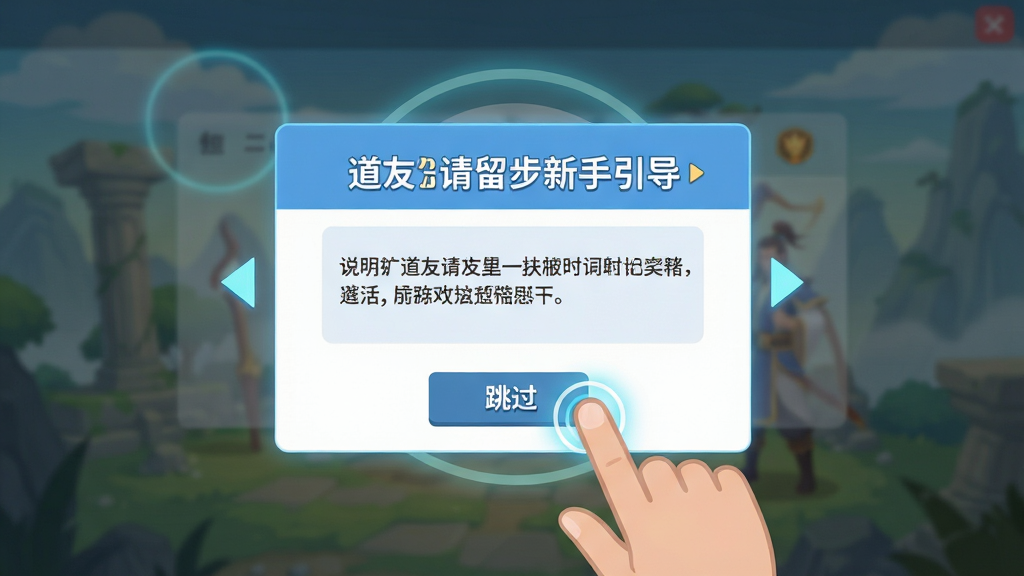 道友请留步新手引导界面,画面展示游戏教程弹窗,主体为手指点击屏幕的引导动画与文字说明框,布局采用居中弹窗式,排版上方为标题下方为说明文字和跳过按钮,风格为简洁明快的扁平化UI,细节包含高亮光圈、箭头指示、半透明遮罩背景,画质清晰,画面干净无多余元素