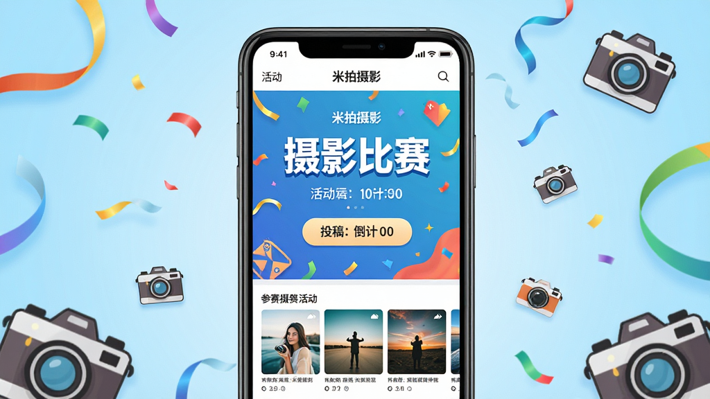 一张展示“米拍摄影”应用内活动页面的图片,画面中央为手机屏幕,屏幕上显示一个摄影比赛的活动海报,海报上有活动标题、投稿按钮和倒计时,下方有参赛作品缩略图横向排列,整体布局采用居中排版,风格活力鲜明,细节上屏幕周围有彩带和相机图标点缀,背景为浅蓝色渐变,画质高清,干净,无多余元素。