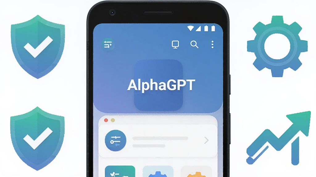 画面中央是一部安卓手机,手机屏幕上显示AlphaGPT的应用界面,手机周围环绕着盾牌图标、齿轮图标和更新箭头图标,布局为手机居中、图标环绕四周,风格为扁平化科技插画风,细节包括手机屏幕的界面元素、图标的颜色渐变、盾牌上的对勾标记,画质高清,干净,无多余元素