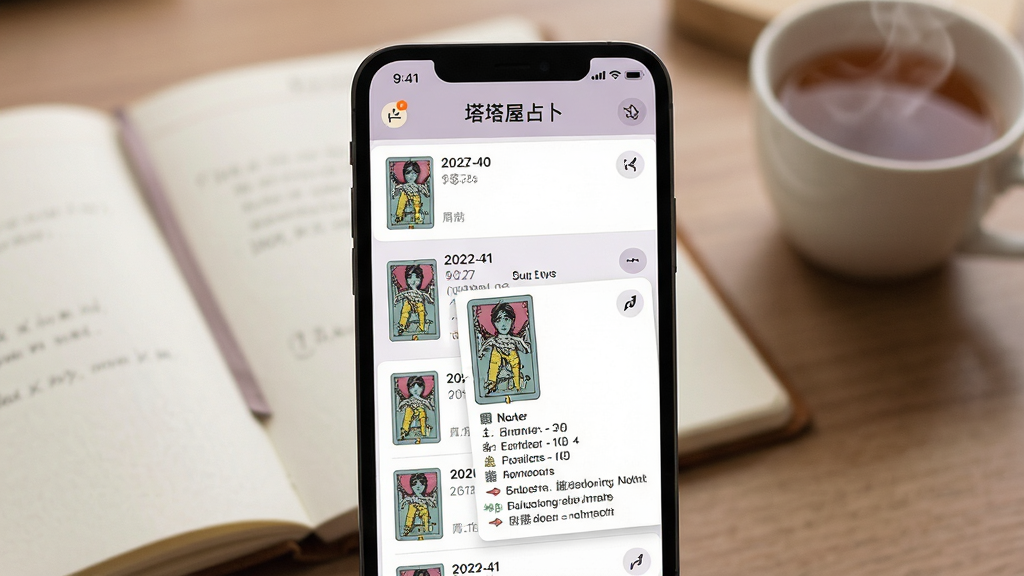 塔塔屋占卜记录页面展示图,画面主体为手机屏幕中打开的占卜历史列表,屏幕上显示多条带日期和牌面缩略图的记录条目,其中一条记录展开显示详细牌义与用户笔记。布局采用手机正面平视特写,背景为柔和的书桌场景,桌上放着一本翻开的笔记本和一杯热茶。排版上手机屏幕清晰锐利,背景虚化处理。风格为温馨生活化与数字应用结合的场景图,色调以暖灰、米白和淡紫为主。细节包括屏幕内的笔记图标、牌面小图、日期文字,背景中的笔记本纹理。画质高清,干净,无多余元素。