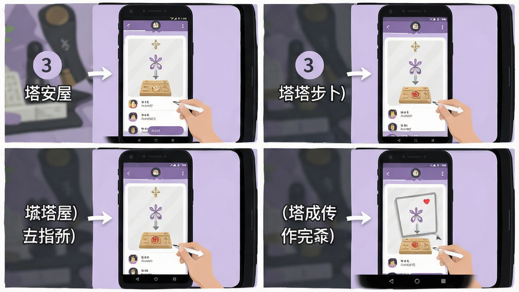 塔塔屋新手操作指引图,画面主体为一部安卓手机屏幕,屏幕上以分步截图形式展示塔塔屋从安装到完成一次占卜的四个关键步骤,每步配有简洁的文字说明标签。布局采用四格漫画式排版,手机屏幕依次排列。风格为扁平化教程插画,色调以浅紫、白色和深灰为主。细节包括步骤编号、箭头引导线、界面元素简化图标。画质清晰,干净,无多余元素。
