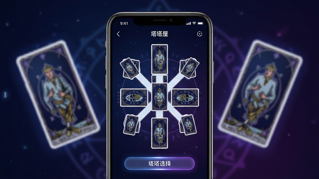 塔塔屋应用界面展示图,画面主体为手机屏幕中打开的塔罗牌阵选择页面,屏幕上清晰显示凯尔特十字牌阵的布局与牌面缩略图。布局采用居中特写,手机两侧漂浮着几张放大的塔罗牌虚影。排版上软件界面占据画面中心,周围以暗色渐变衬托。风格为科技感与神秘感融合的UI展示图,色调以深空蓝和紫色为主。细节包括屏幕内的牌阵线条、牌背花纹、按钮高光。画质清晰,干净,无多余元素。
