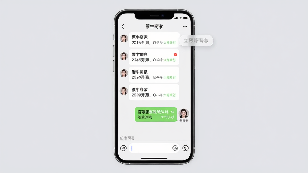 票牛商家版消息通知与客服聊天界面,主体为手机屏幕显示聊天对话框和通知气泡,布局为上方是消息列表下方是输入框,背景为浅灰色柔和色调,细节包括未读消息红点和客服头像,画质清晰干净无多余元素