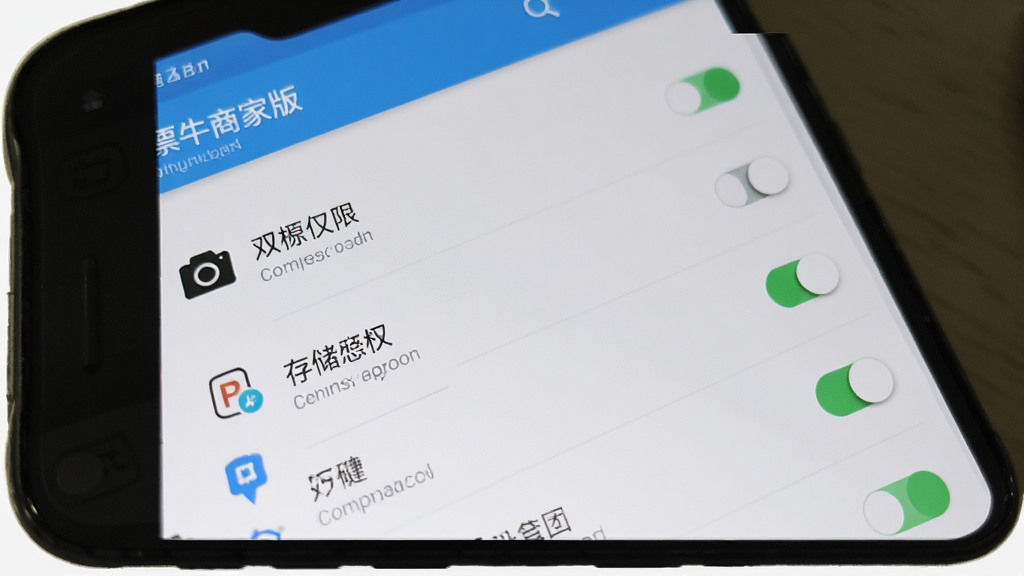 票牛商家版安卓手机安装与权限设置界面,主体为手机屏幕显示应用权限管理页面,布局为垂直排列的权限开关列表,背景为浅色系统设置风格,细节包括相机权限和存储权限图标,画质清晰干净无多余元素