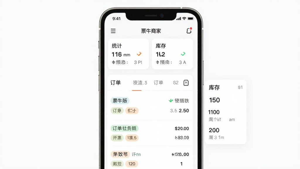 票牛商家版应用内订单管理界面,主体为手机屏幕显示订单列表和库存数据面板,布局为上下结构上方是统计卡片下方是订单条目,背景为纯白色简洁风格,细节包括不同状态的订单标签和库存数字,画质清晰干净无多余元素