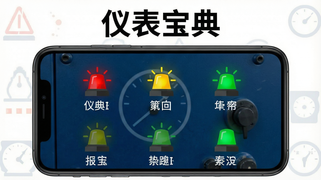 一张展示仪表宝典报警标识图解功能的预览图,画面中央为手机屏幕,屏幕内显示多个仪表报警灯图标及对应文字解释,图标包括红色警示灯、黄色故障灯、绿色运行灯等,背景为深蓝色工业控制柜面板,风格专业且清晰,屏幕上方有文字“仪表宝典”,画质干净,无多余元素。