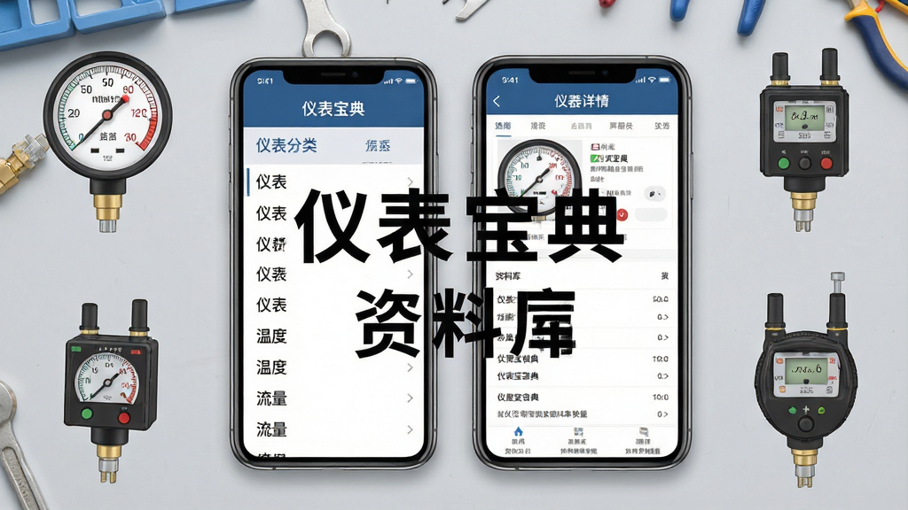 一张展示仪表宝典资料库功能的预览图,画面主体为手机屏幕,屏幕内呈现仪表分类列表与仪表详情页,屏幕旁散落着压力表、温度变送器、流量计等实物简图,背景为浅灰色工作台面,风格写实且整洁,屏幕中可见文字“仪表宝典”与“资料库”,画质清晰,构图平衡,无多余杂物。