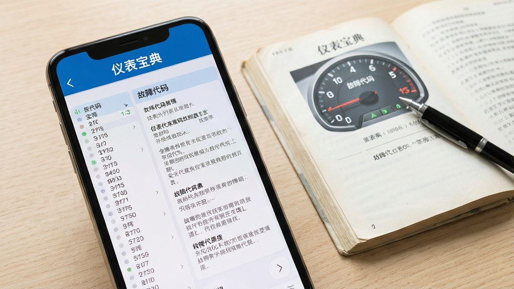 一张展示仪表宝典故障代码速查功能的预览图,画面为手机屏幕特写,屏幕内显示故障代码列表与详情说明,屏幕旁边放着一本翻开的仪表手册和一支笔,背景为浅木色桌面,风格简洁实用,屏幕中可见文字“仪表宝典”与“故障代码”,画质清晰,光线柔和,无多余装饰。