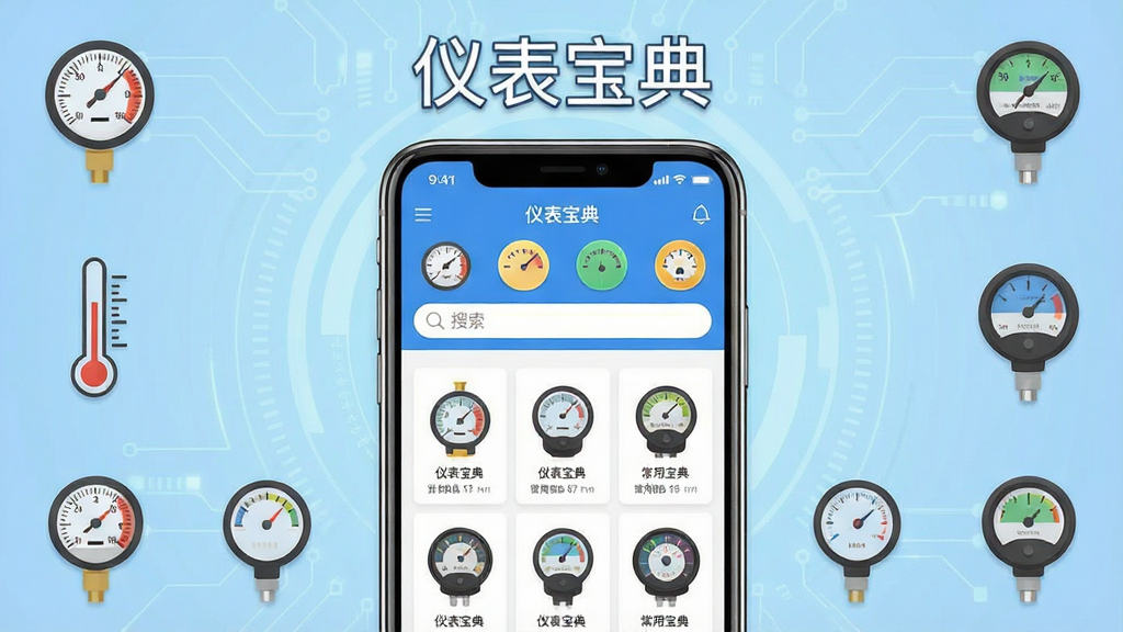 一张展示仪表宝典手机应用主界面的预览图,画面中央为手机屏幕,屏幕内显示仪表宝典App首页,包含仪表分类图标、搜索框与常用仪表图片列表,背景为淡蓝色科技感渐变,周围环绕各类工业仪表如压力表、温度计、流量计的简洁图标,整体风格干净清爽,画质清晰,无多余元素,屏幕上方有文字“仪表宝典”。