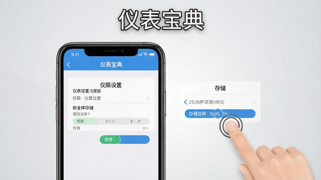 一张展示仪表宝典新手安装与设置界面的预览图,画面为手机屏幕特写,屏幕内显示权限设置页面与存储选择选项,屏幕旁边有手指点击的示意手势,背景为浅灰色渐变,风格简洁直观,屏幕上方有文字“仪表宝典”,画质清晰,无多余元素。