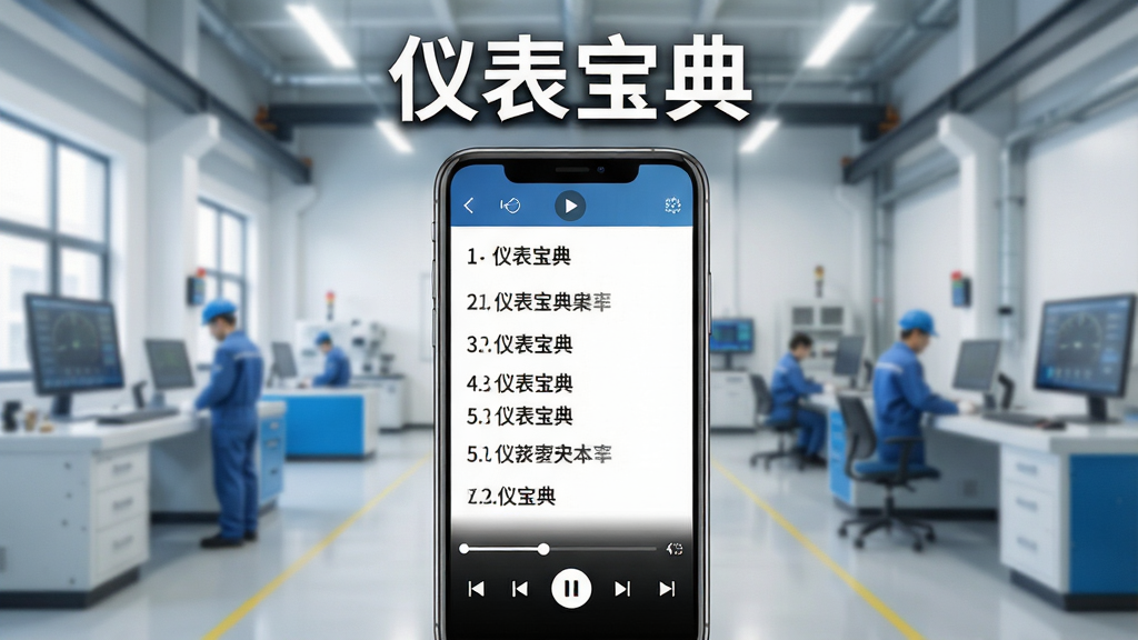 一张展示仪表宝典操作教程功能的预览图,画面主体为手机屏幕,屏幕内显示教程视频播放界面与步骤列表,屏幕下方有播放控制条,背景为现代化的工业培训室,风格明亮专业,屏幕上方有文字“仪表宝典”,画质清晰,构图简洁,无多余元素。