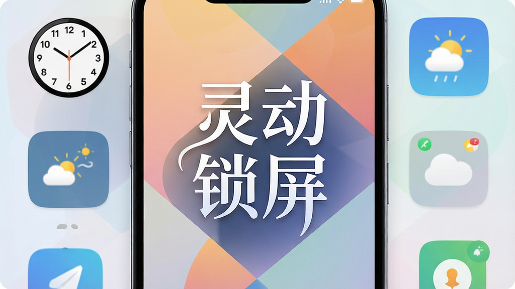 一张展示智能手机锁屏界面的特写图片,屏幕中央显示着“灵动锁屏”四个艺术字体,背景是淡雅的渐变色与几何图形交织,周围环绕着时钟、天气、通知等小组件图标,画面风格清新现代,细节精致,画质清晰,干净无多余元素
