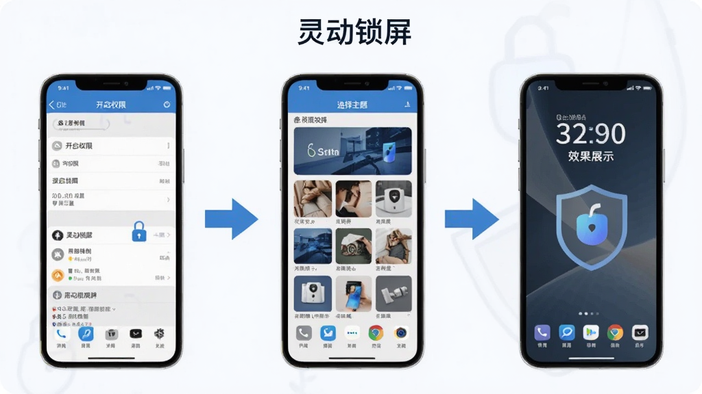 一张信息图风格的插图,展示“灵动锁屏”在手机上的设置步骤,画面分为三个部分:第一步是手机设置界面开启权限,第二步是选择主题,第三步是锁屏效果展示,每个步骤用箭头连接,配色采用蓝白灰,风格简洁专业,文字清晰,画质干净